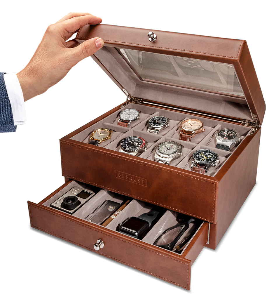 Caja de reloj con cajón de valet para hombres 12 ranuras de lujo
